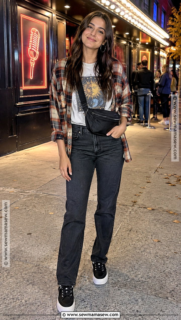 Comedy Show Outfit With Graphic Tee And Shacket - 20 Comedy Show Outfit Night Fall Ideas