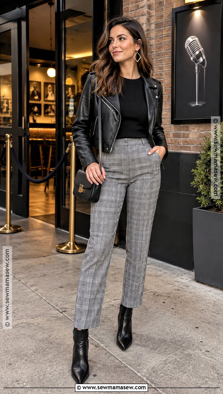 Comedy Show Outfit With Plaid Trousers And Moto Jacket - 20 Comedy Show Outfit Night Fall Ideas