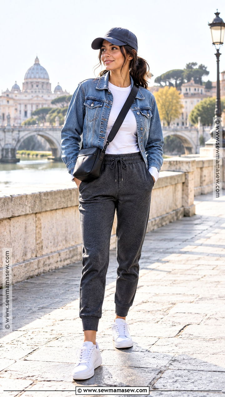 Comfy Fall Denim Jacket And Joggers Outfit - 15 Comfy Fall Clothes Aesthetic