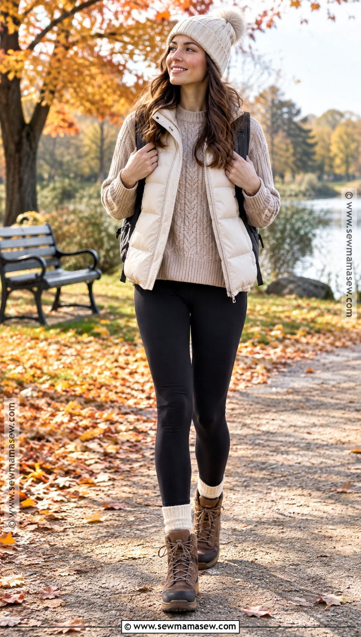 Comfy Fall Puffer Vest And Leggings Outfit - 15 Comfy Fall Clothes Aesthetic
