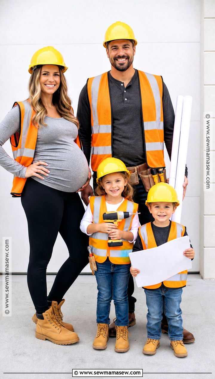 Construction Crew Family Costume - 30 pregnant halloween costumes for family