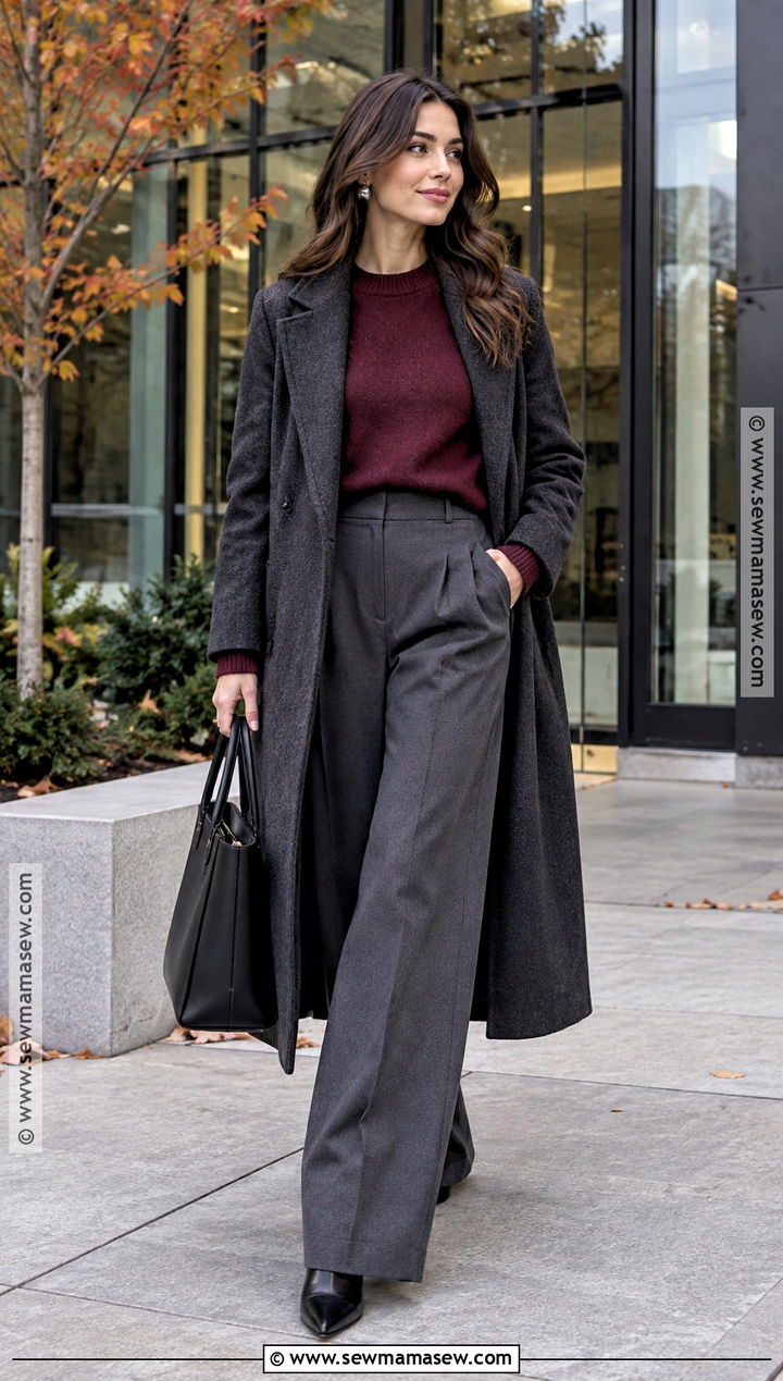 Cool Toned Burgundy Sweater And Gray Trousers Outfit - 15 cool toned fall outfits