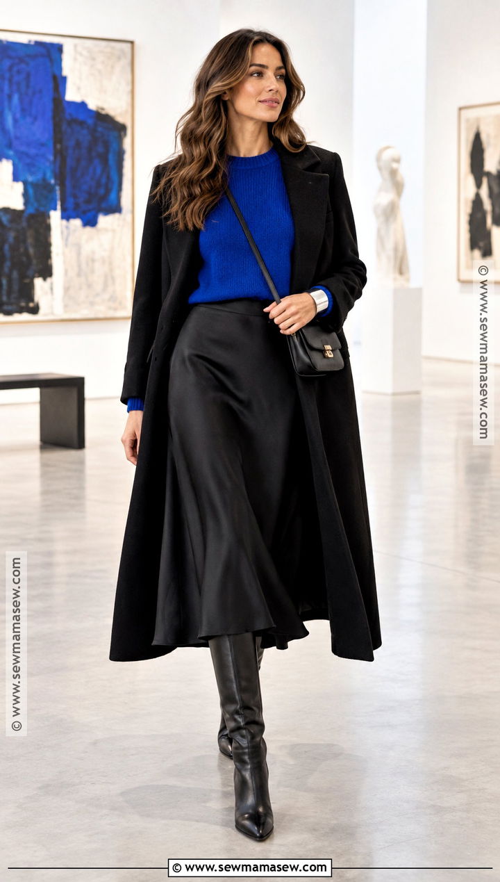 Cool Toned Cobalt Sweater And Black Midi Skirt Outfit - 15 cool toned fall outfits
