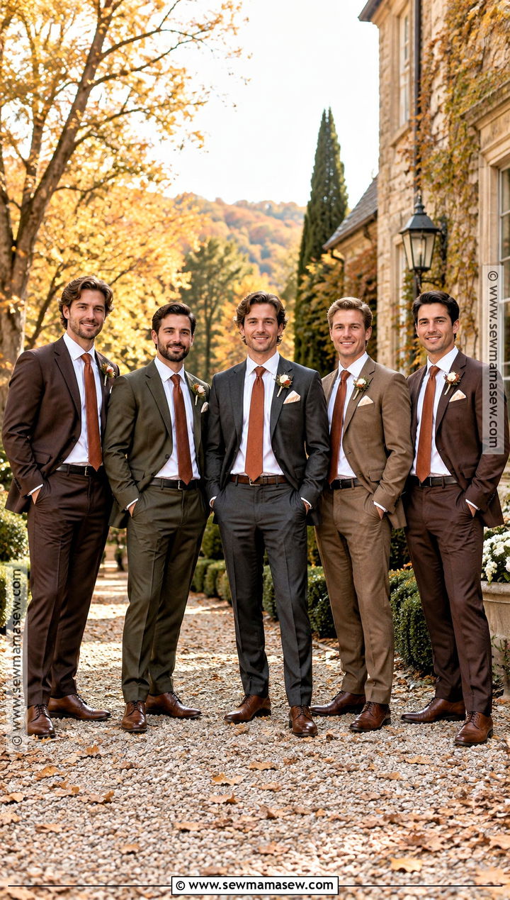 Coordinated Earth Tone Groomsmen Suits - 15 groomsmen attire autumn ideas