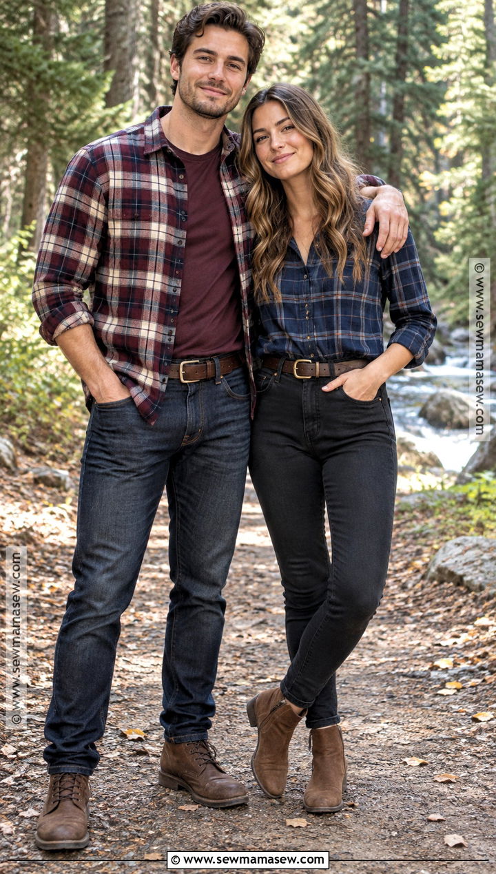 Coordinated Flannel And Dark Denim Couples Outfit - 15 couples fall photoshoot outfits flannel