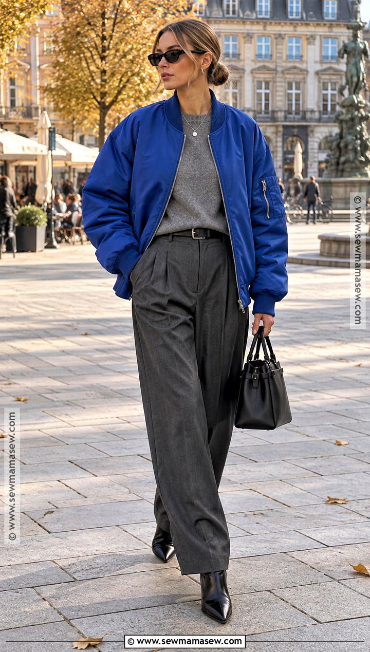 Copenhagen Colorful Bomber and Tailored Trousers Outfit - 15 copenhagen street style fall ideas 2026