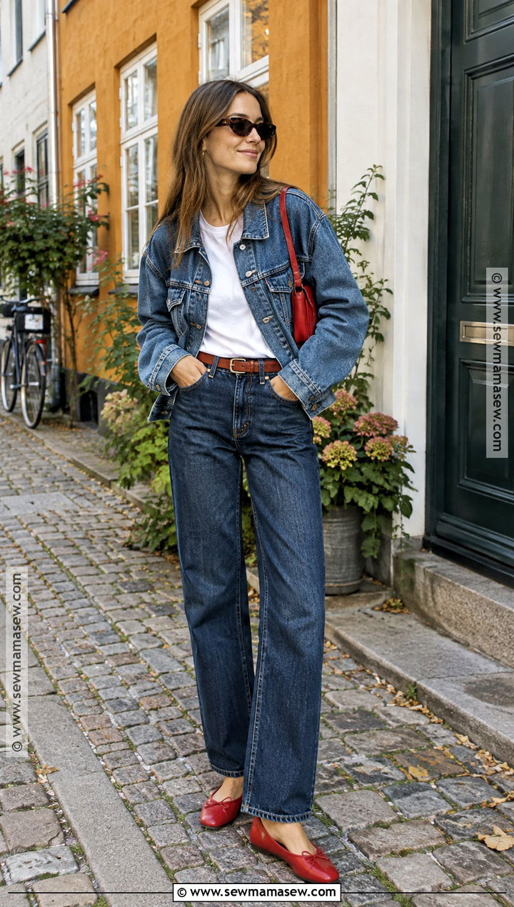 Copenhagen Double Denim And Red Flats Outfit - 20 copenhagen street style autumn ideas
