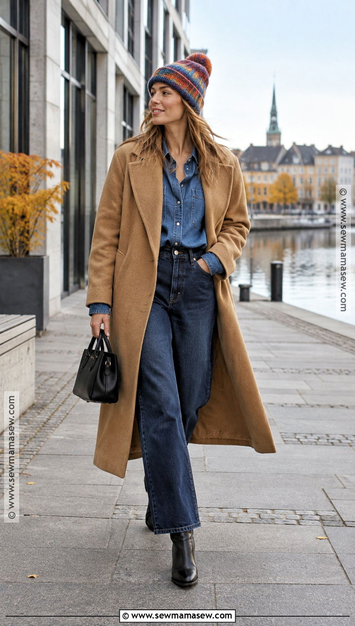 Copenhagen Double Denim And Wool Coat Outfit - 20 fall copenhagen style ideas