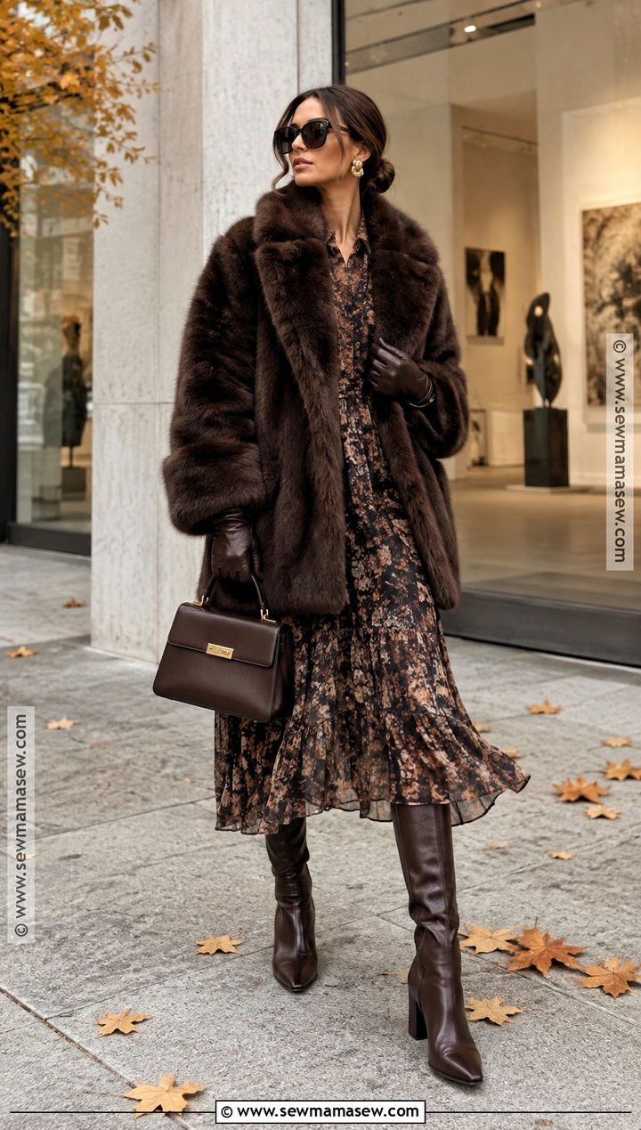 Copenhagen Faux Fur Coat and Printed Dress Outfit - 15 copenhagen street style fall ideas 2026