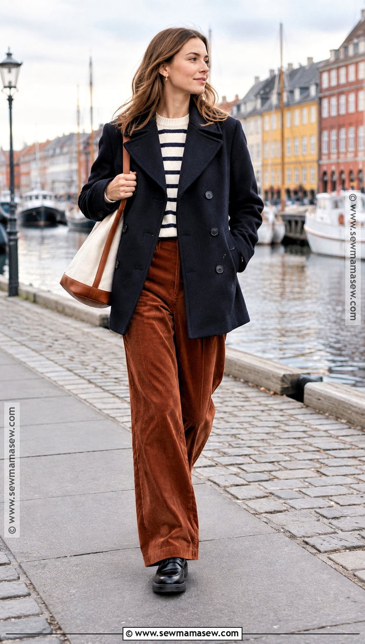 Copenhagen Navy Peacoat And Corduroy Pants Outfit - 20 copenhagen street style autumn ideas