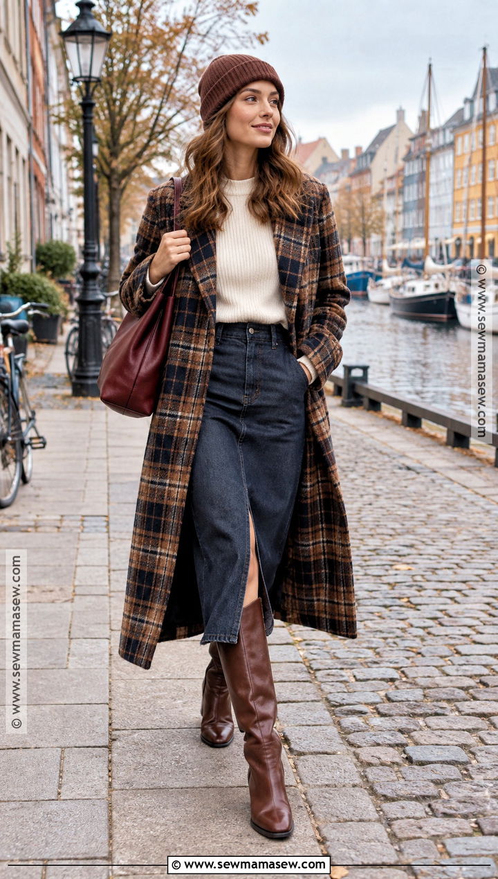 Copenhagen Plaid Coat And Denim Skirt Outfit - 20 copenhagen street style autumn ideas