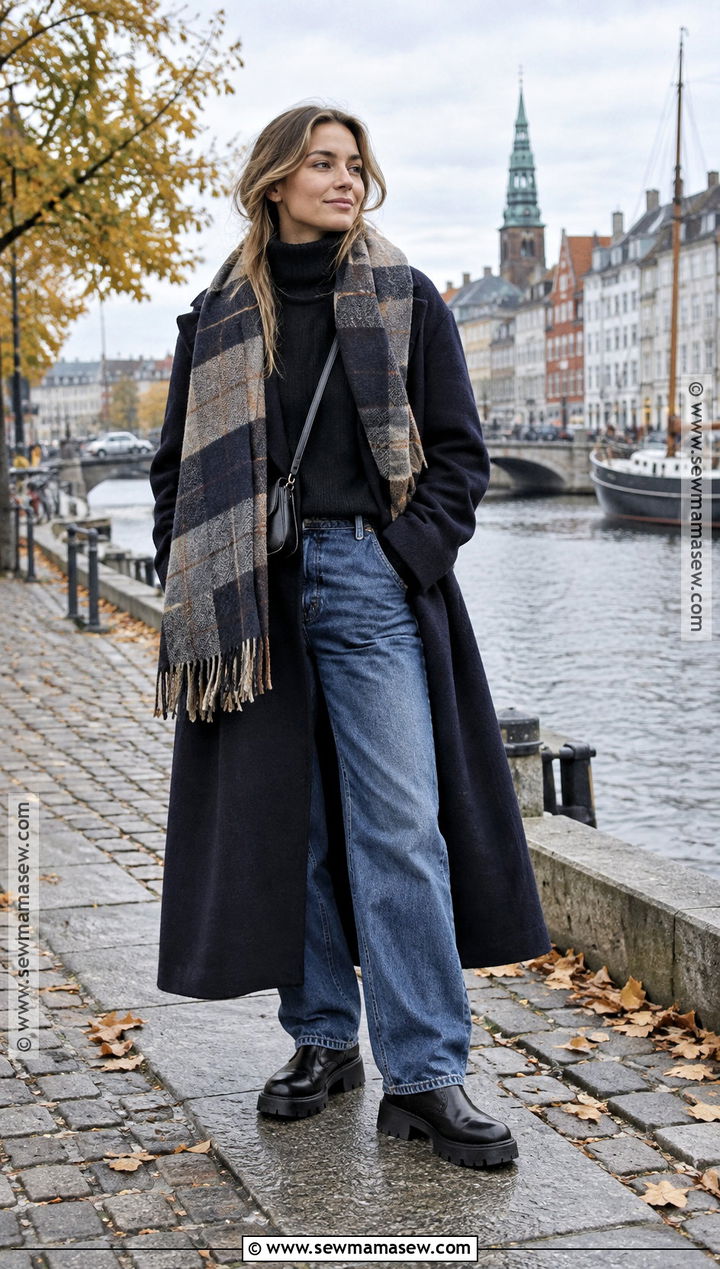 Copenhagen Scarf Coat And Loose Jeans Outfit - 20 fall copenhagen style ideas