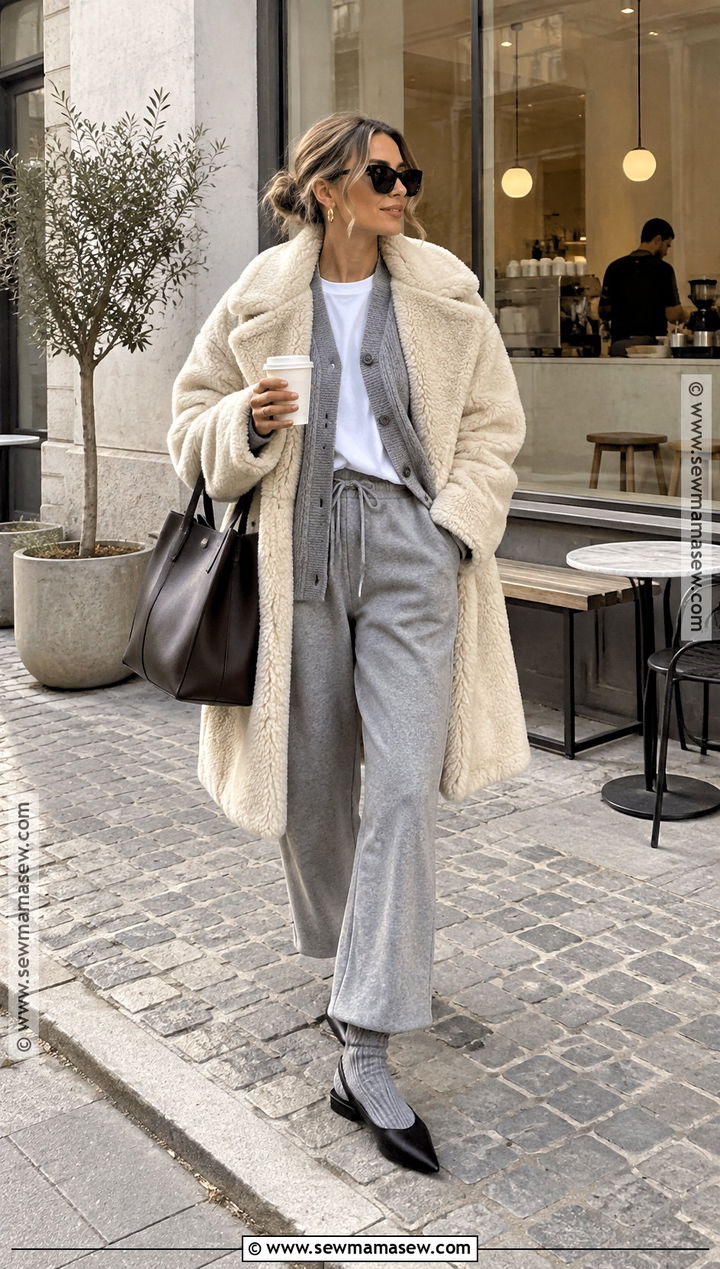 Copenhagen Shearling Coat and Gray Sweatpants Outfit - 15 copenhagen street style fall ideas 2026