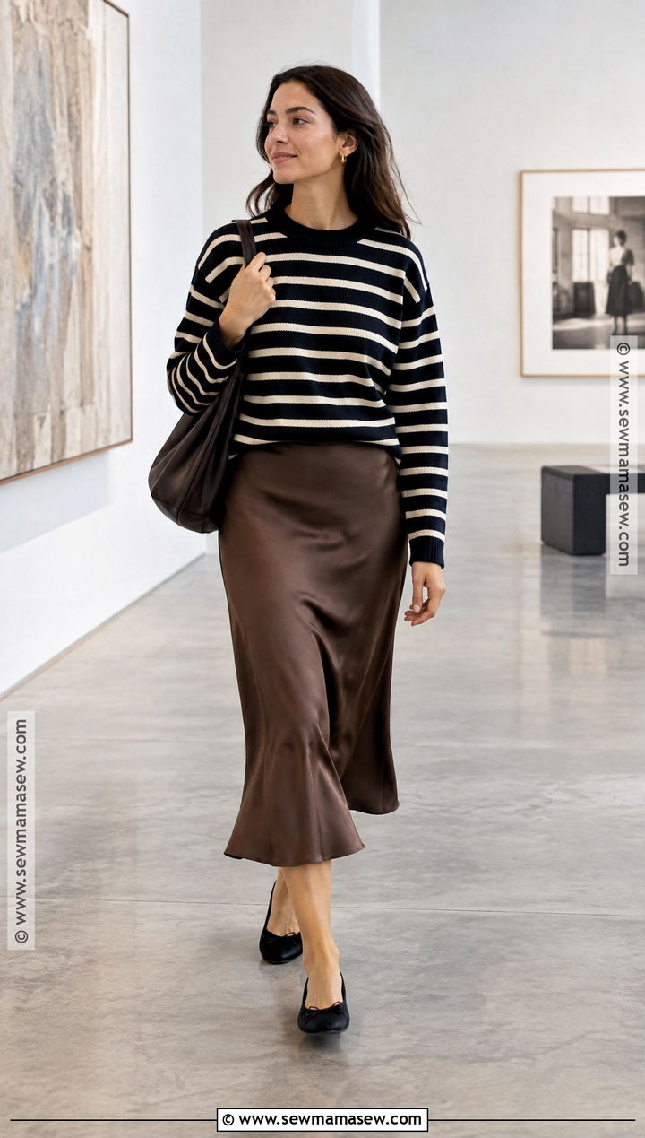 Copenhagen Striped Sweater And Satin Skirt Outfit - 20 copenhagen street style autumn ideas