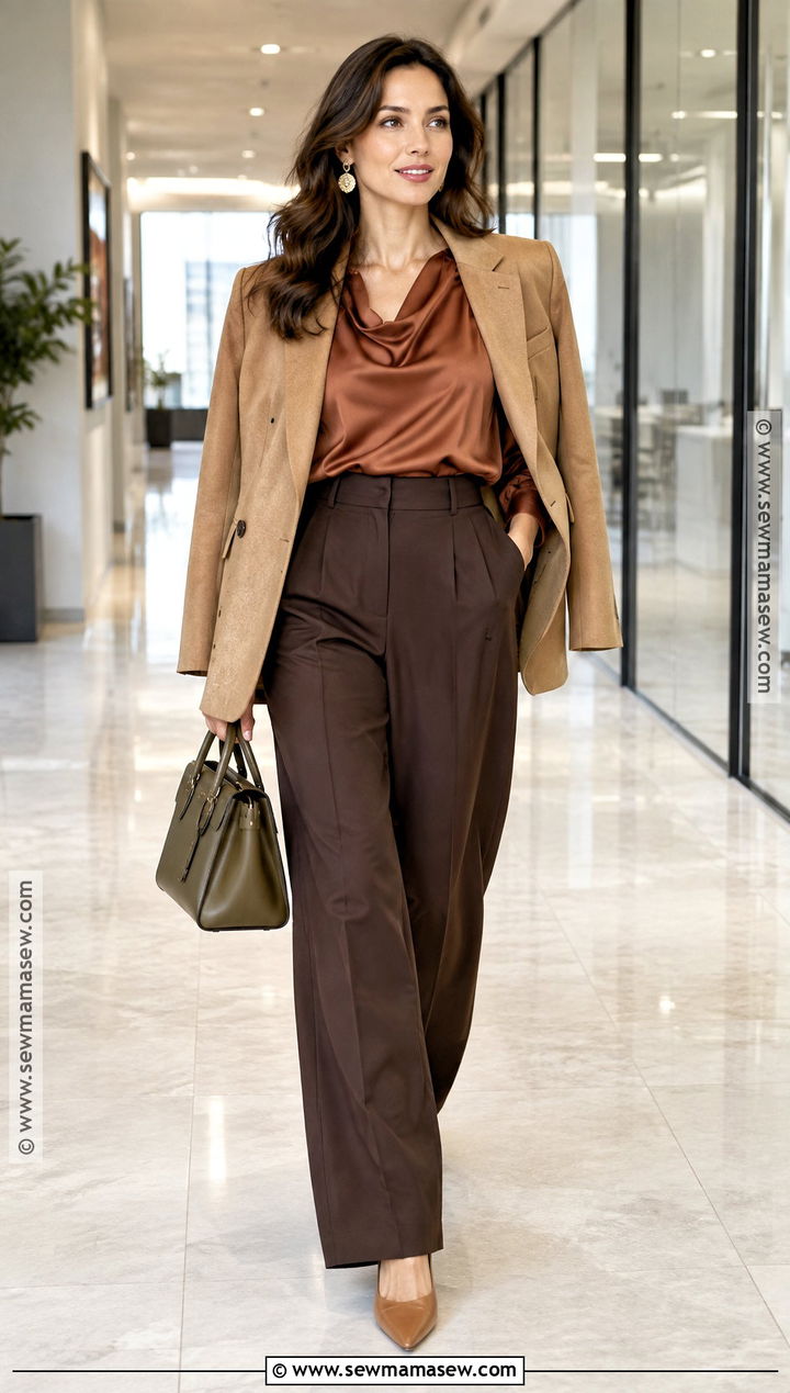 Copper Blouse And Chocolate Wide Leg Pants Outfit - 25 warm autumn color palette outfit ideas