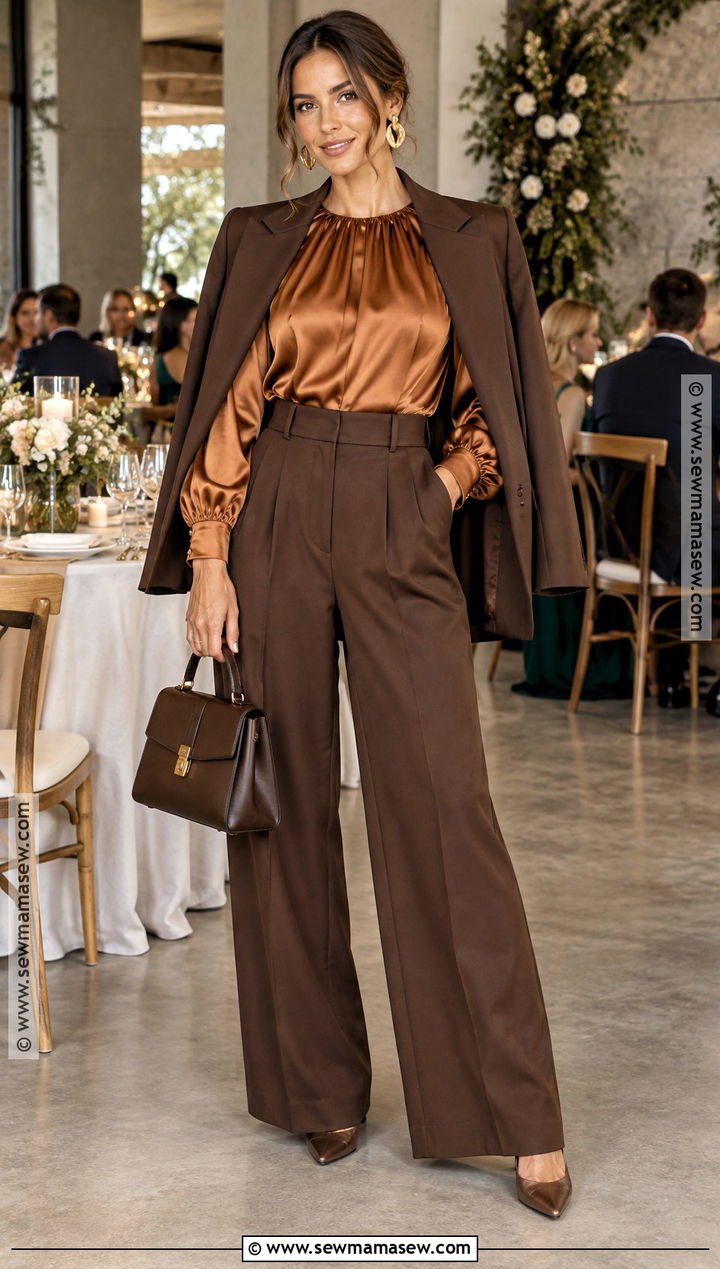 Copper Blouse And Wide Leg Trousers Outfit - 20 fall casual wedding guest attire ideas
