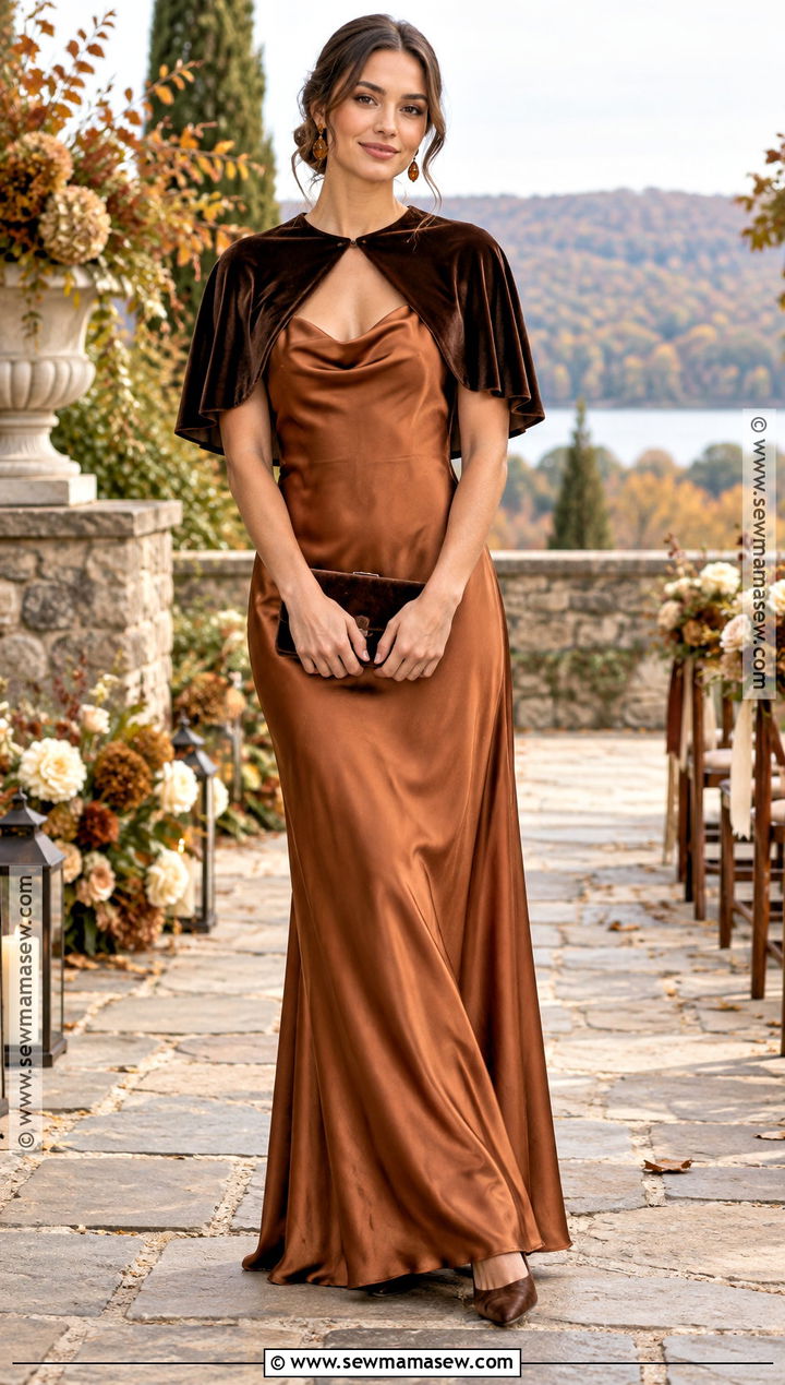 Copper Bridesmaid Dress With Velvet Capelet - 15 wedding shawls and wraps fall bridal party ideas
