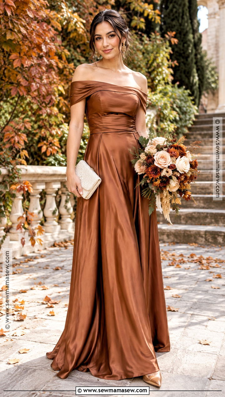 Copper Brown Off Shoulder Satin Bridesmaid Dress - 15 Fall Bridesmaid Dresses Brown
