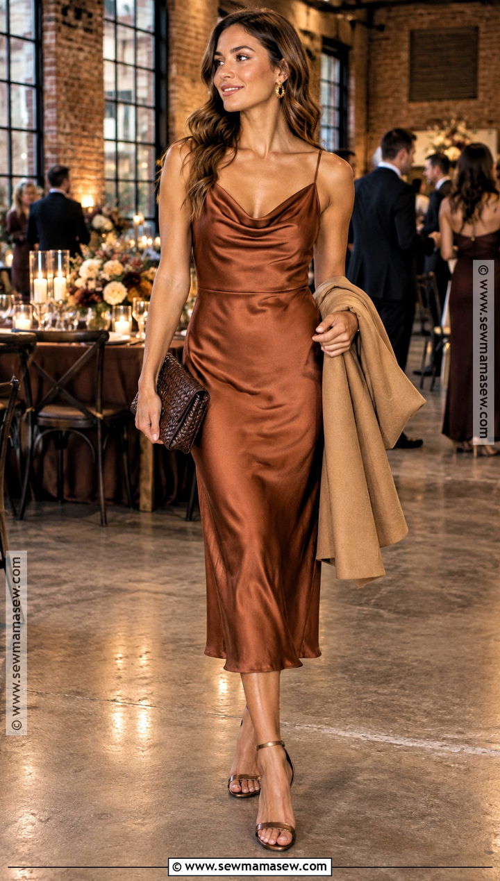 Copper Cowl Neck Fall Wedding Guest Dress - 25 fall wedding guest dress october ideas