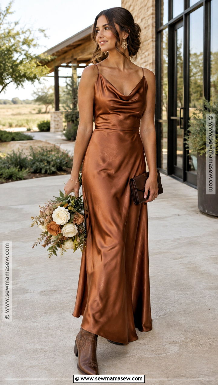 Copper Cowl Neck Western Bridesmaid Dress With Cowboy Boots - 15 Western Fall Bridesmaid Dresses