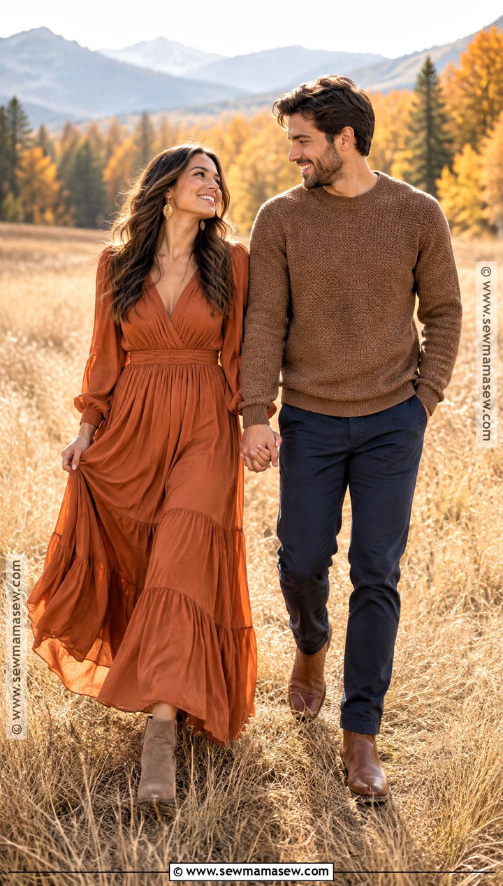 Copper Dress And Brown Sweater Fall Couple Outfit - 20 fall couple photoshoot outfits photo ideas outdoor