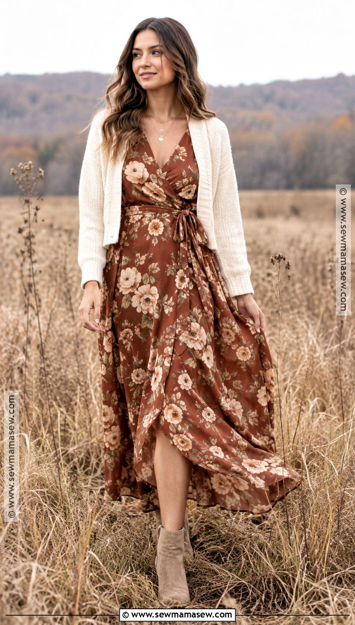 Copper Floral Wrap Maxi Dress Outfit - 20 fall dresses for family pictures