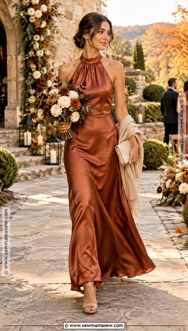 Copper Halter October Bridesmaid Dress - 15 fall wedding ideas october bridesmaid dresses