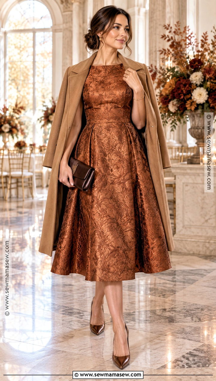 Copper Jacquard A Line Fall Wedding Guest Dress - 15 dress to wear to fall wedding ideas