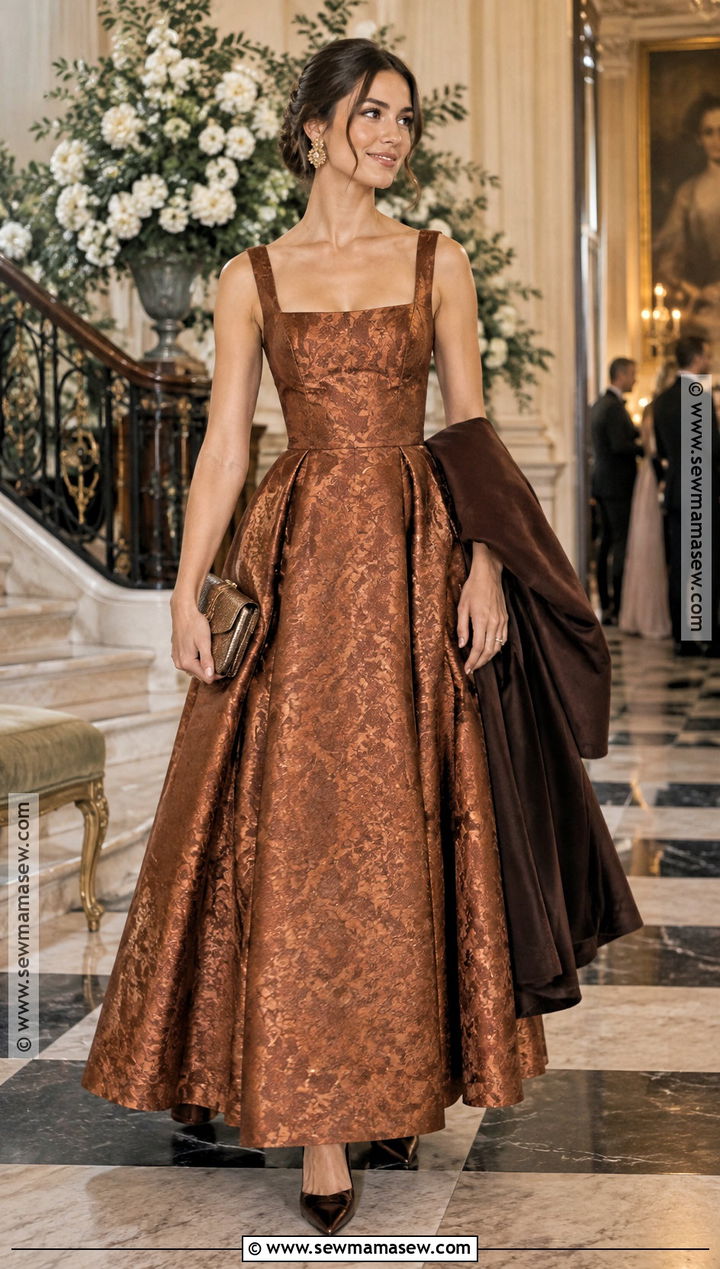 Copper Jacquard A Line Gown - 15 fall gowns wedding guest