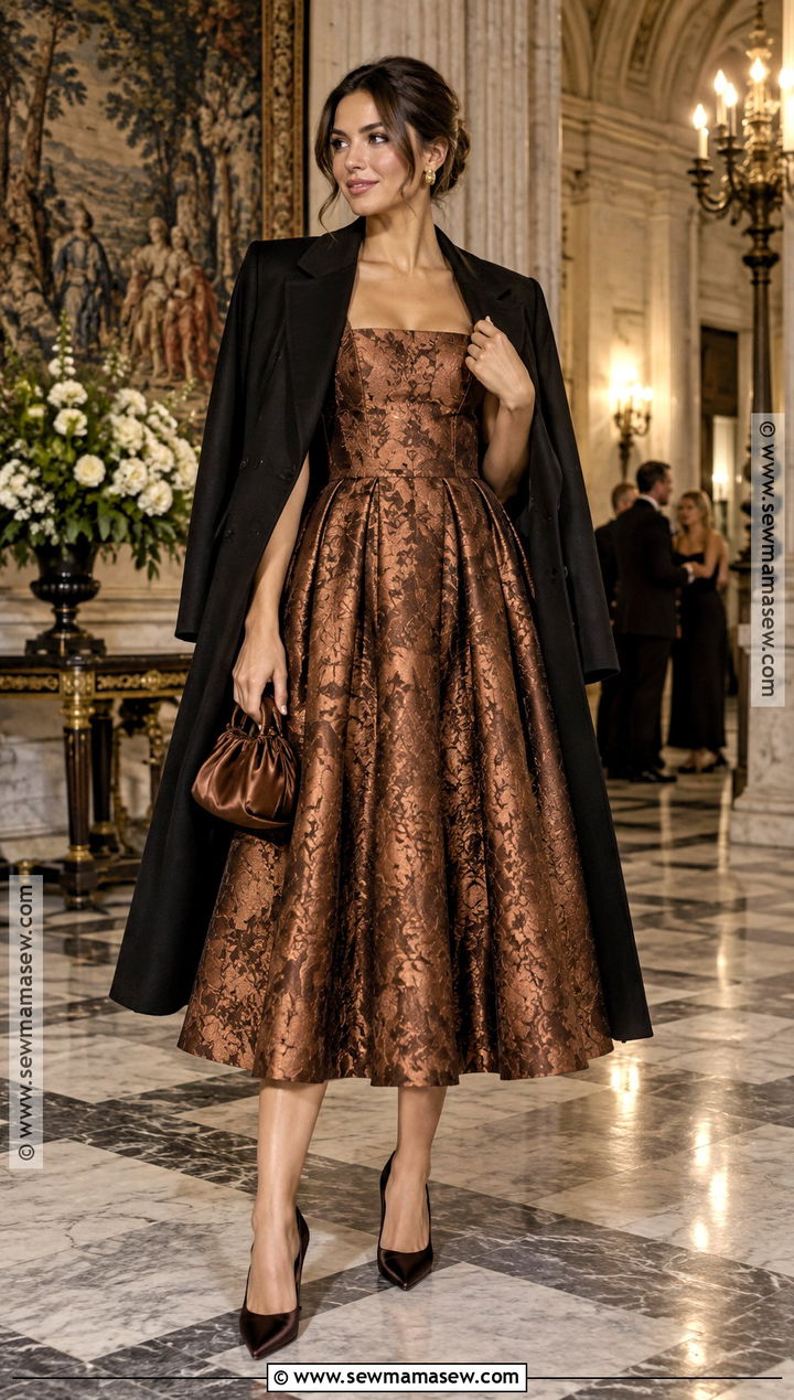 Copper Jacquard Fit And Flare Dress Outfit - 20 fall cocktail attire ideas