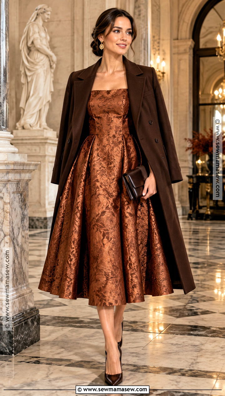 Copper Jacquard Fit and Flare Fall Cocktail Outfit - 20 Fall Cocktail Attire Ideas for Women