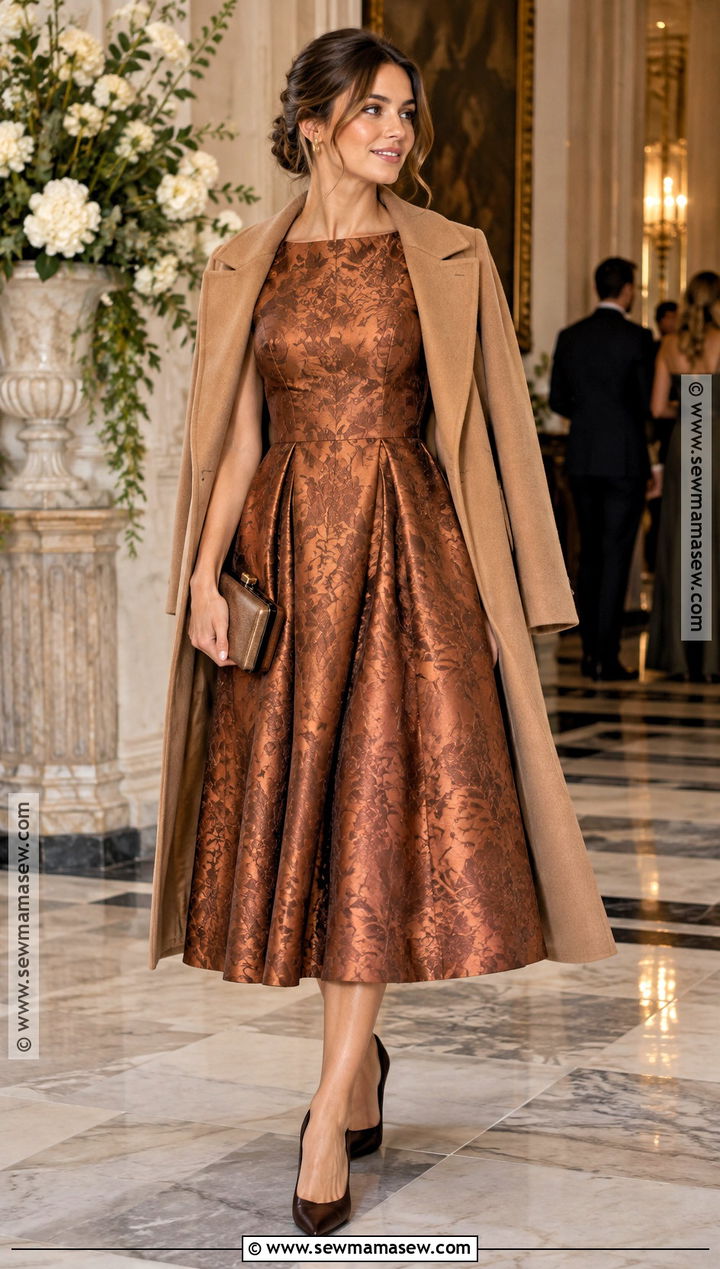 Copper Jacquard Midi Dress for an Autumn Wedding - 15 autumn wedding outfit ideas