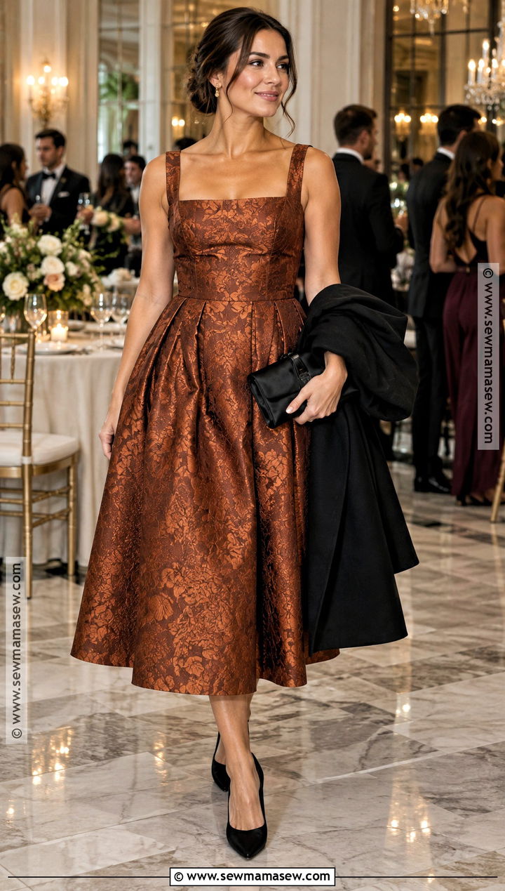 Copper Jacquard Midi Dress - 15 dress for wedding guest fall ideas