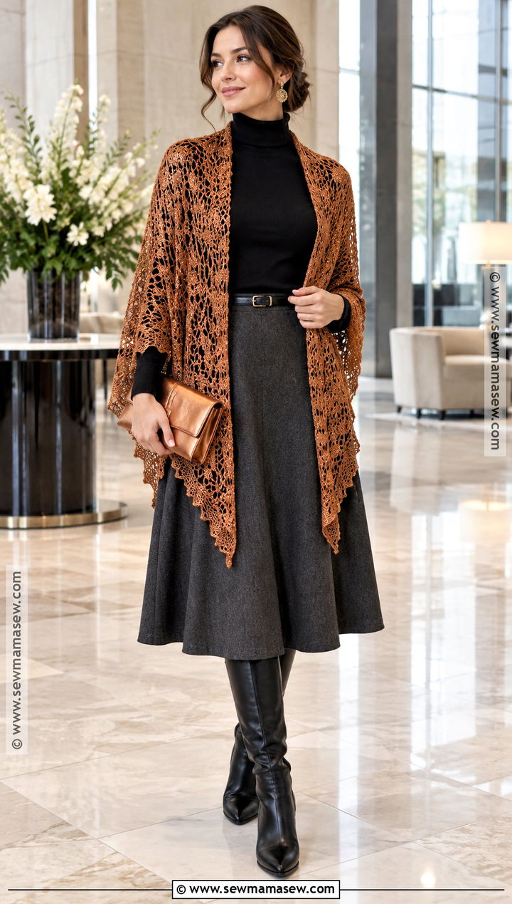Copper Lace Shawl With Charcoal Skirt - 15 autumn color lace shawl ideas
