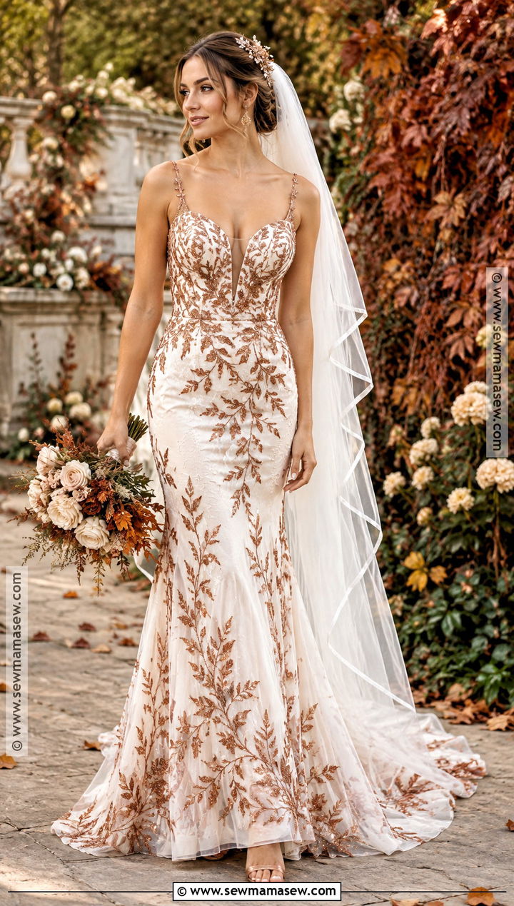 Copper Leaf Beaded Wedding Dress - 15 Autumn Leaf Wedding Dress Ideas