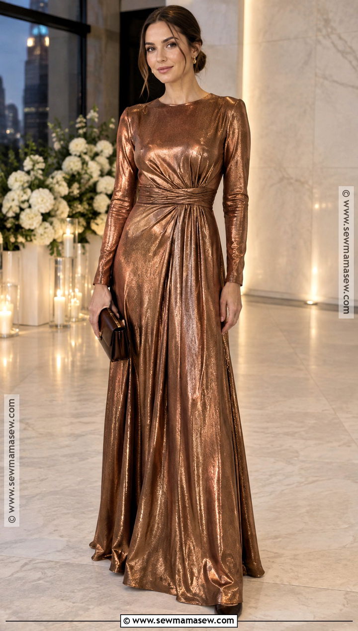 Copper Long Sleeve Gown - 25 black tie wedding guest dress fall ideas