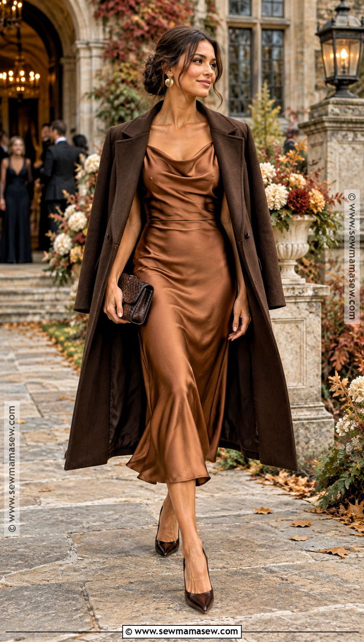 Copper Long Sleeve Satin Midi Dress - 15 semi formal dresses for wedding guest fall long sleeve
