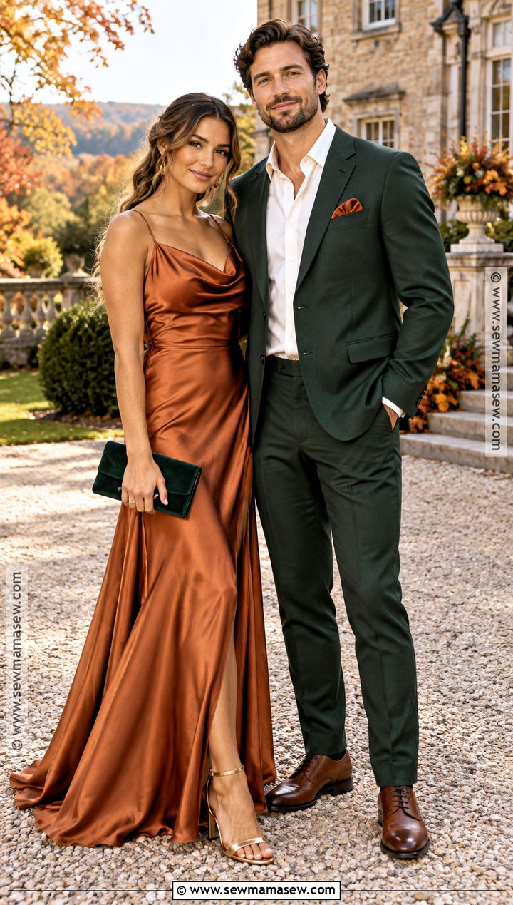 Copper Maxi Dress And Dark Green Suit Fall Wedding Guest Couple Outfit - 15 Wedding Guest Couple Outfit Fall Ideas