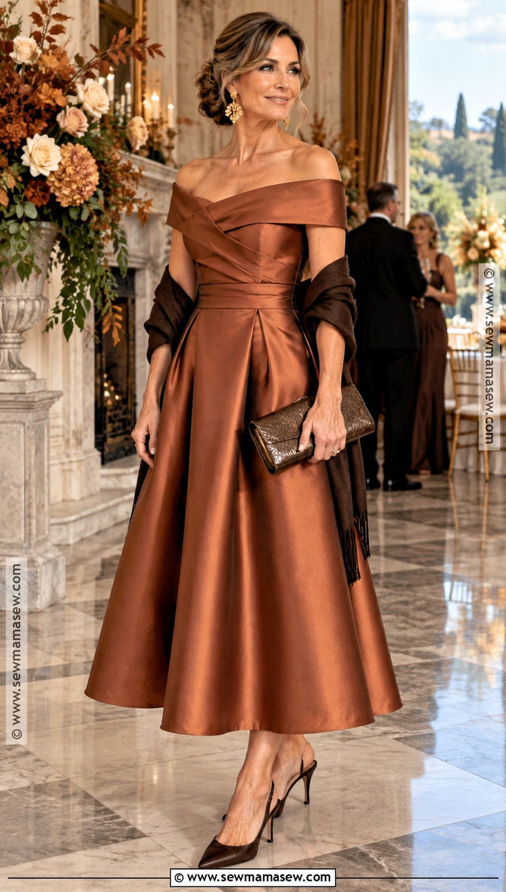 Copper Off Shoulder Mikado Mother of the Groom Dress - 15 mother of the groom fall dresses