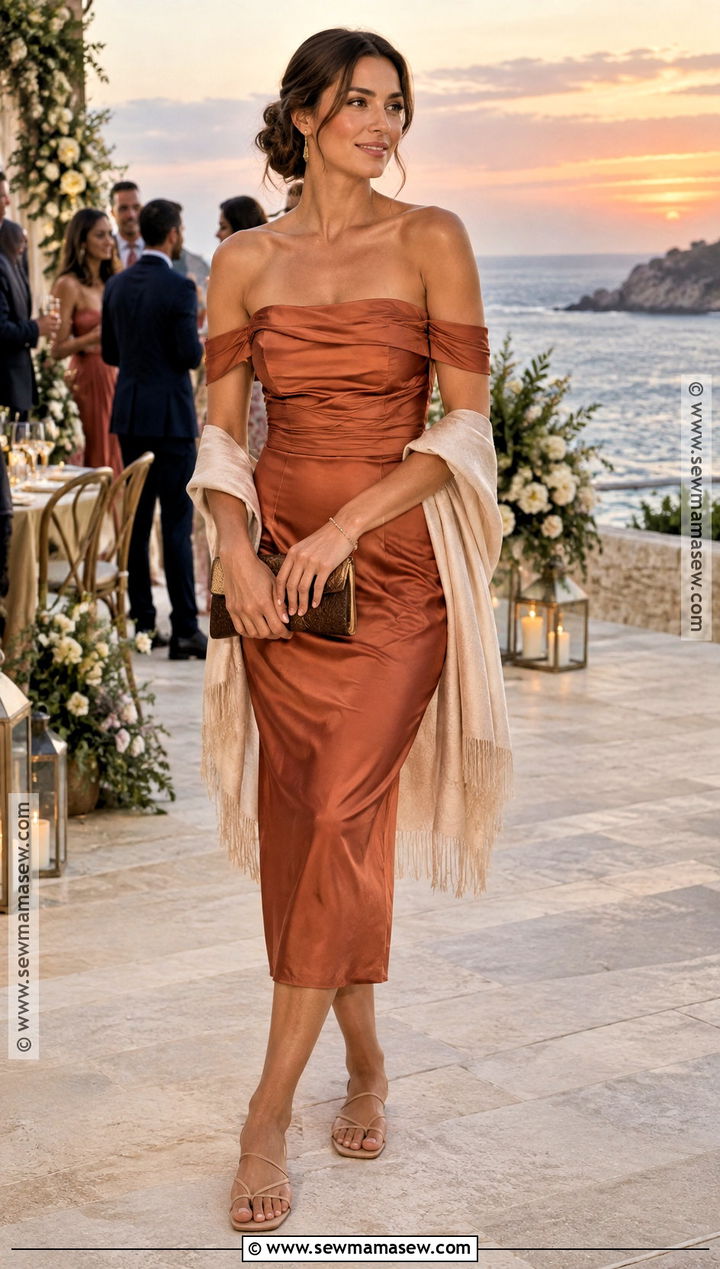 Copper Off the Shoulder Fall Beach Wedding Guest Dress - 15 beach wedding guest dress fall ideas