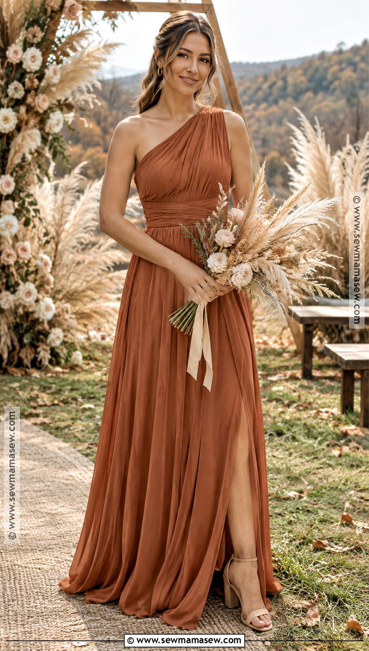 Copper One Shoulder Boho Bridesmaid Dress - 15 Fall Boho Bridesmaid Dress Ideas