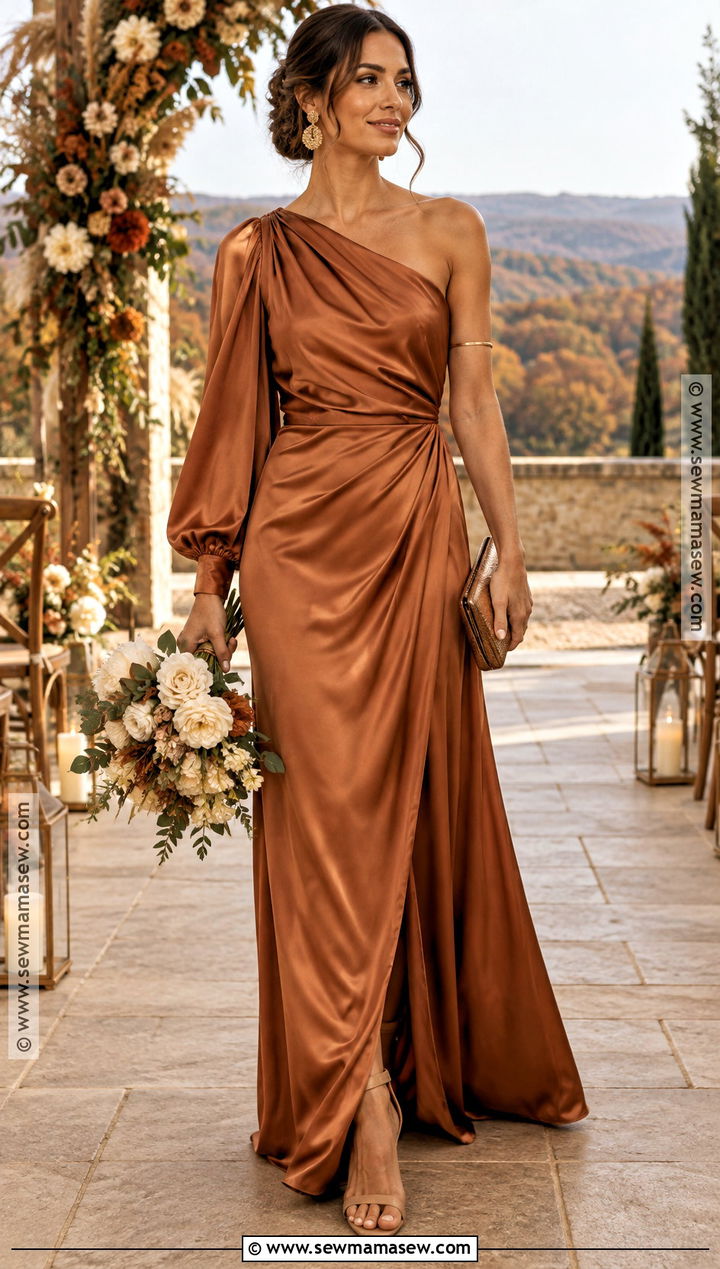Copper One Shoulder Draped Sleeve Bridesmaid Dress - 15 Fall Bridesmaid Dresses With Sleeves