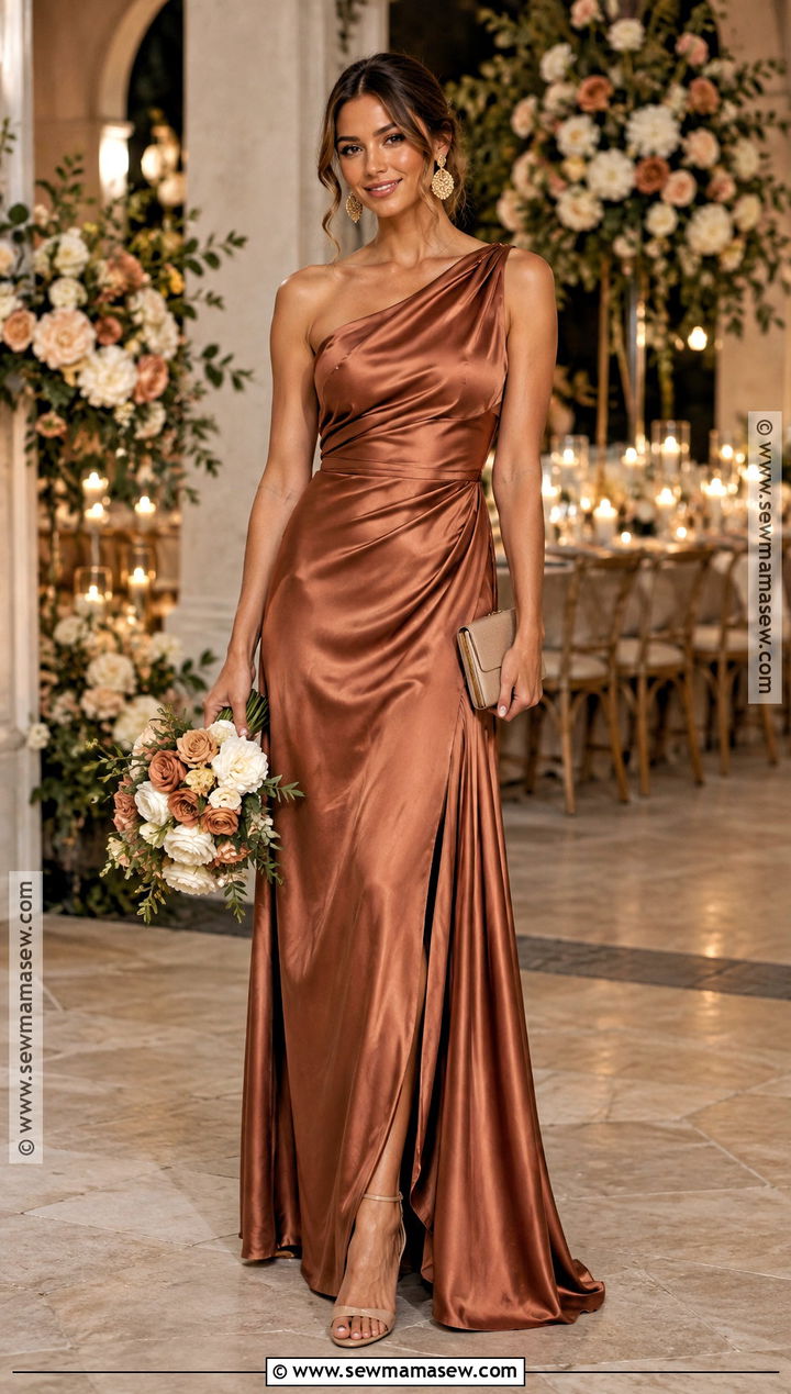 Copper One Shoulder Satin Bridesmaid Dress - 15 orange fall bridesmaid dresses