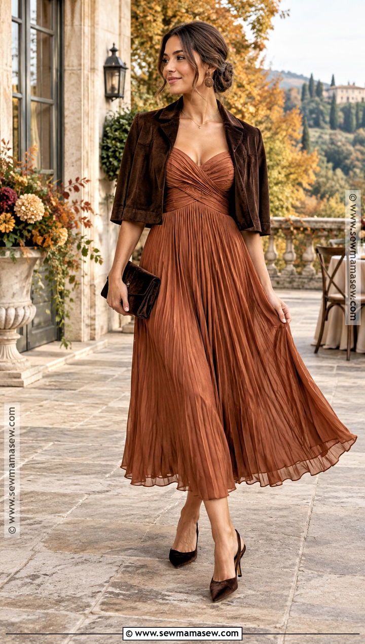 Copper Pleated Bohemian Wedding Guest Dress - 15 bohemian wedding guest dress fall ideas