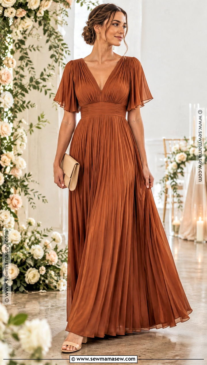 Copper Pleated Bridesmaid Dress - 20 autumn wedding dress bridesmaid ideas