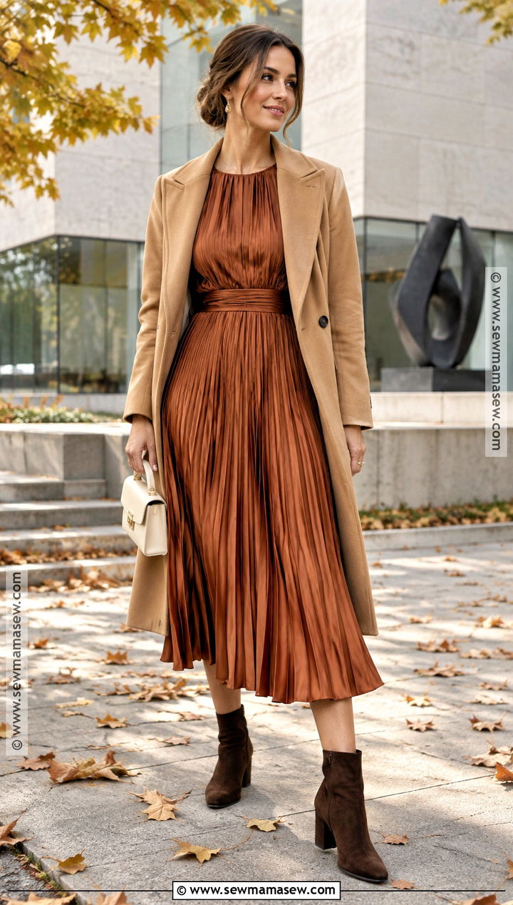 Copper Pleated Dress With Chocolate Booties - 15 Fall Wedding Guest Dress With Booties Ideas