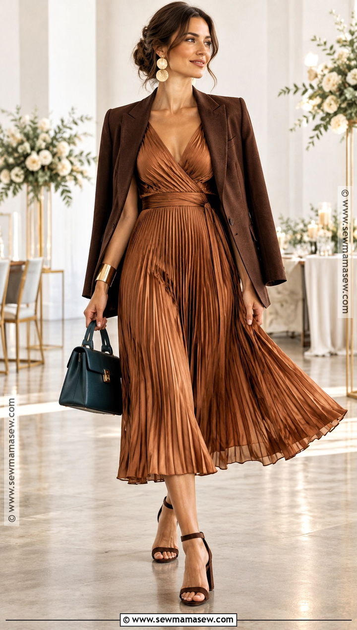 Copper Pleated Midi Dress Outfit - 20 dark autumn dress ideas