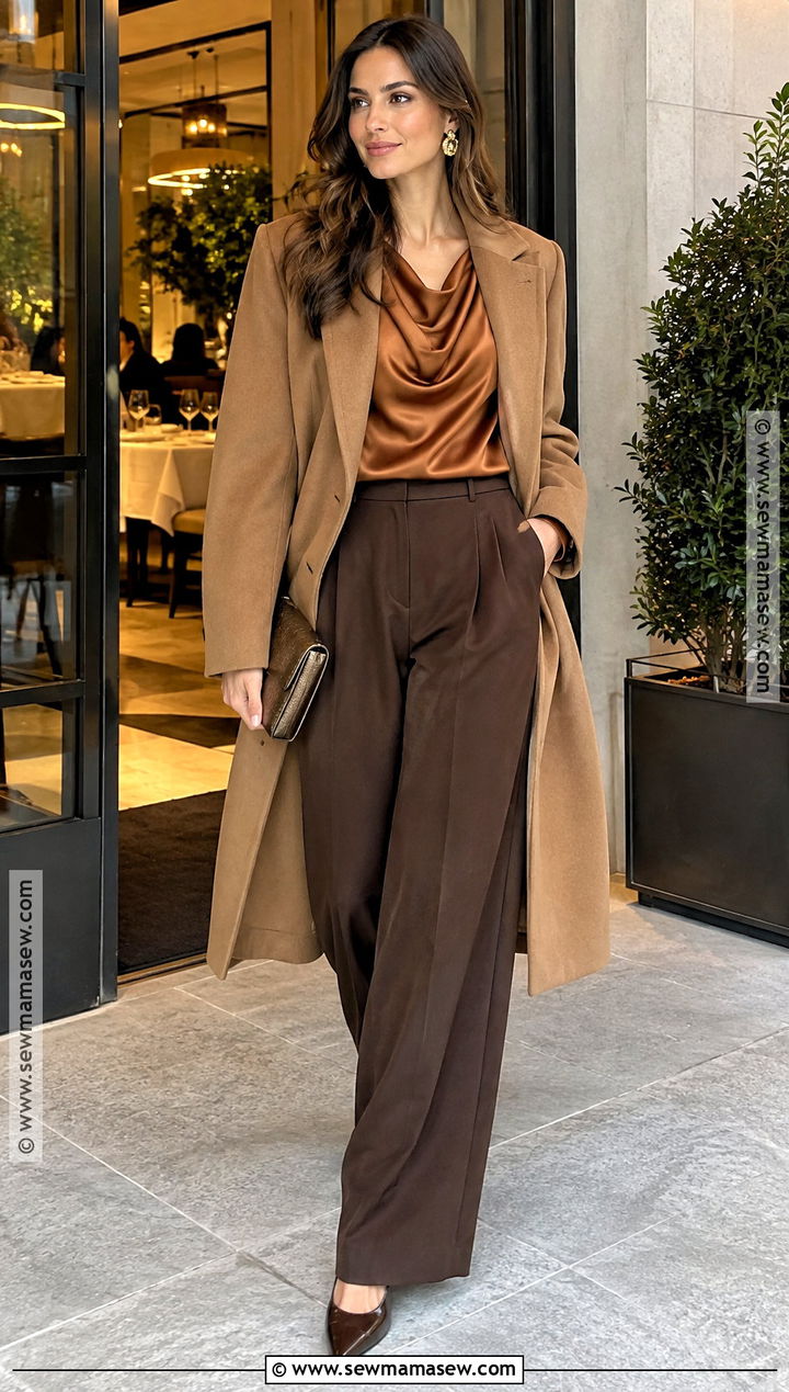 Copper Satin Blouse And Brown Trousers Fall Dinner Outfit - 25 fancy dinner outfit fall ideas