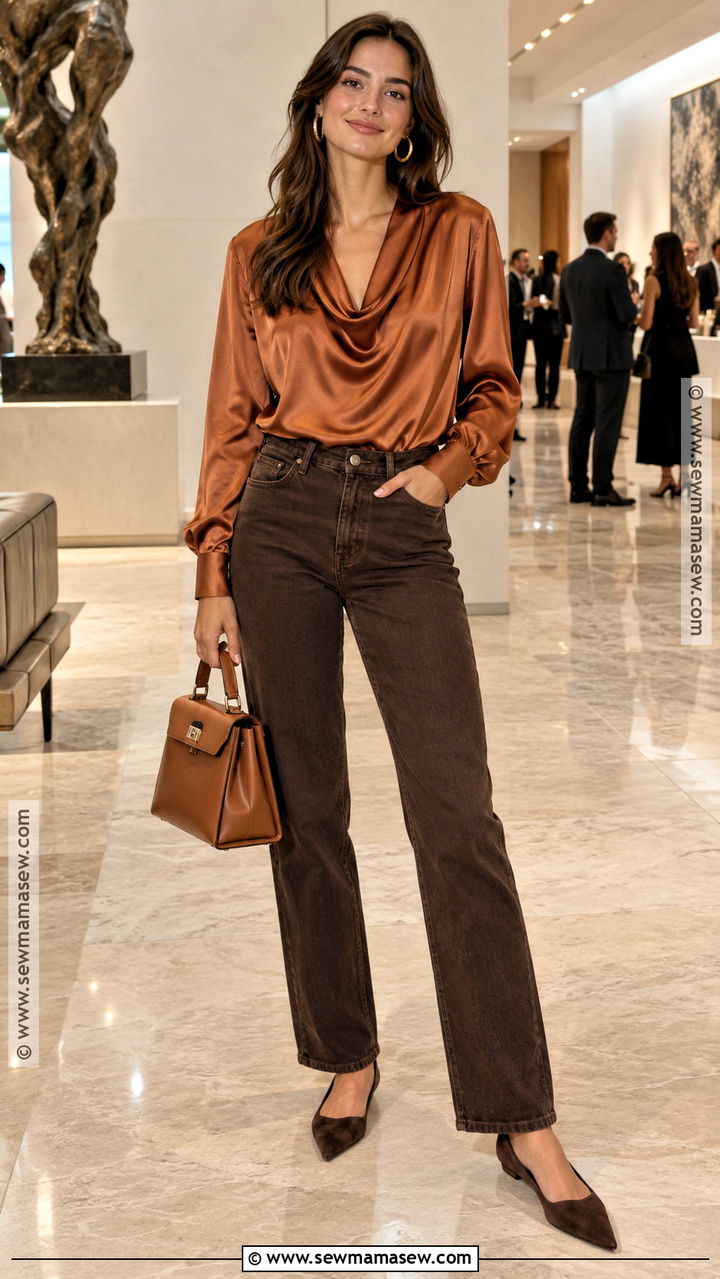 Copper Satin Blouse And Espresso Jeans Autumn Outfit - 20 autumn color season outfits