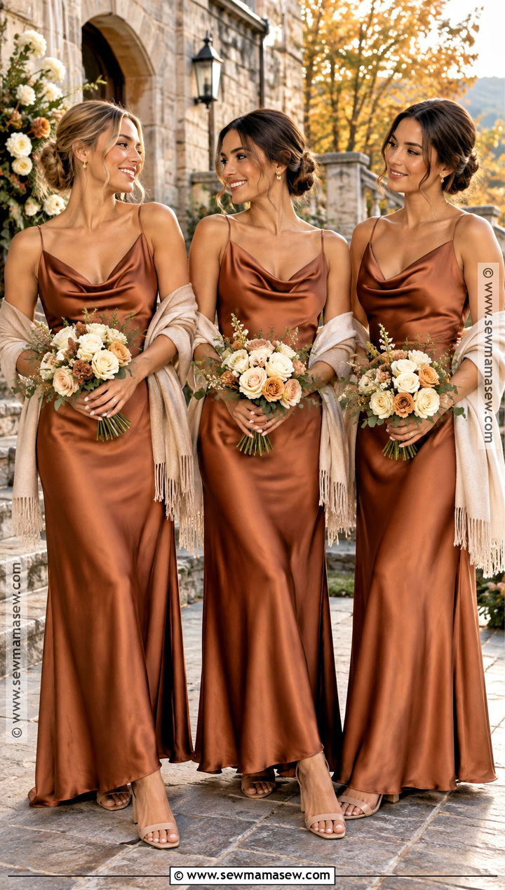 Copper Satin Cowl Neck Bridesmaid Dresses - 15 october wedding ideas outdoor bridesmaid dresses
